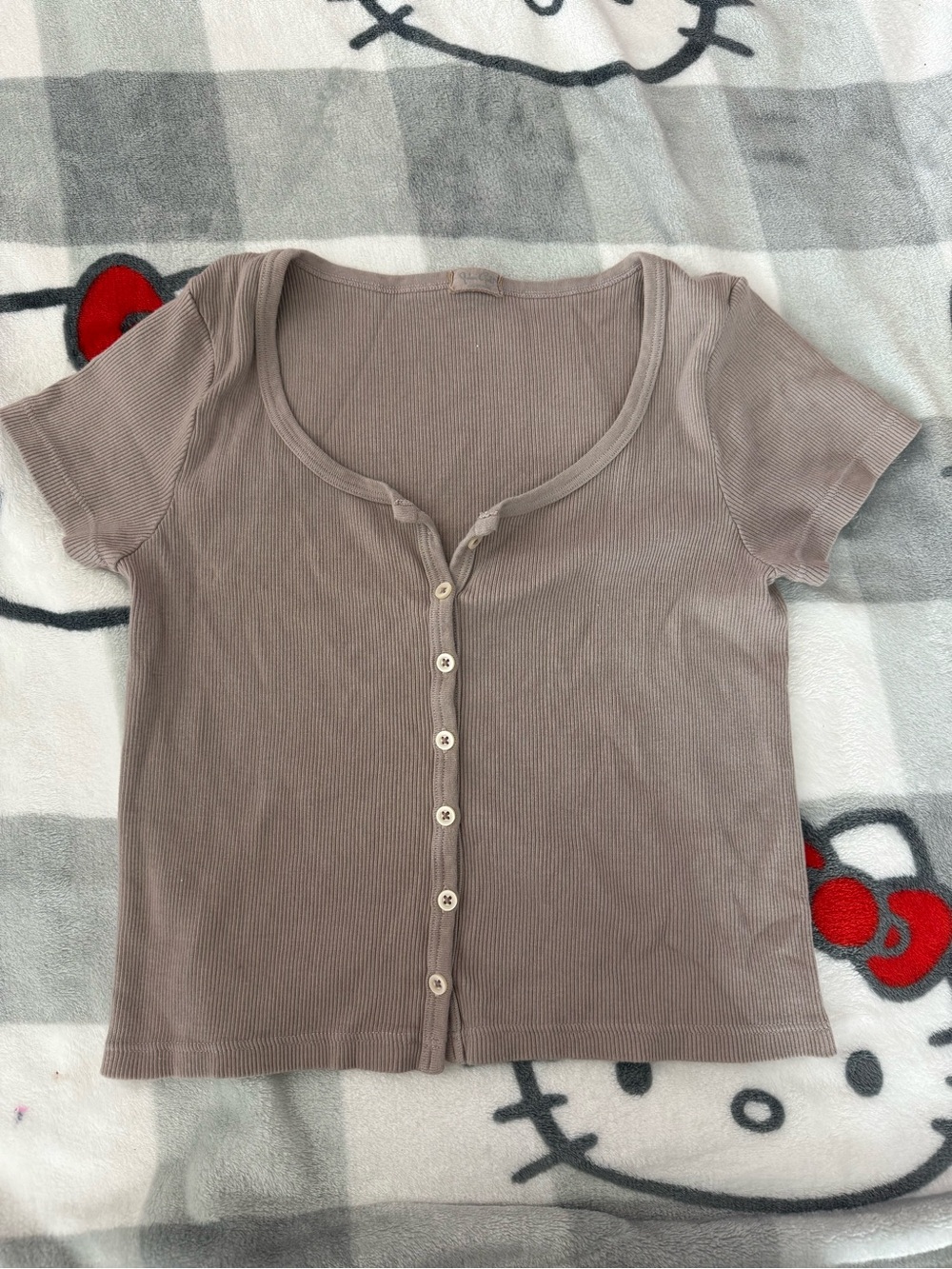 Brandy Melville Taupe Ribbed Button-Front Short Sleeve Top
